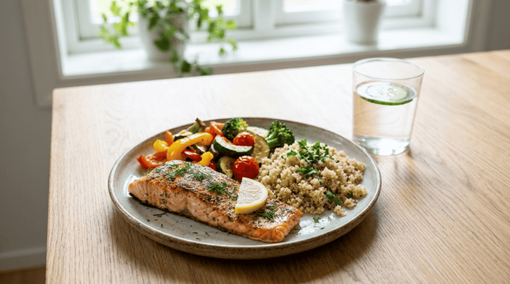 gezonde voeding zalm met groente rijst en water