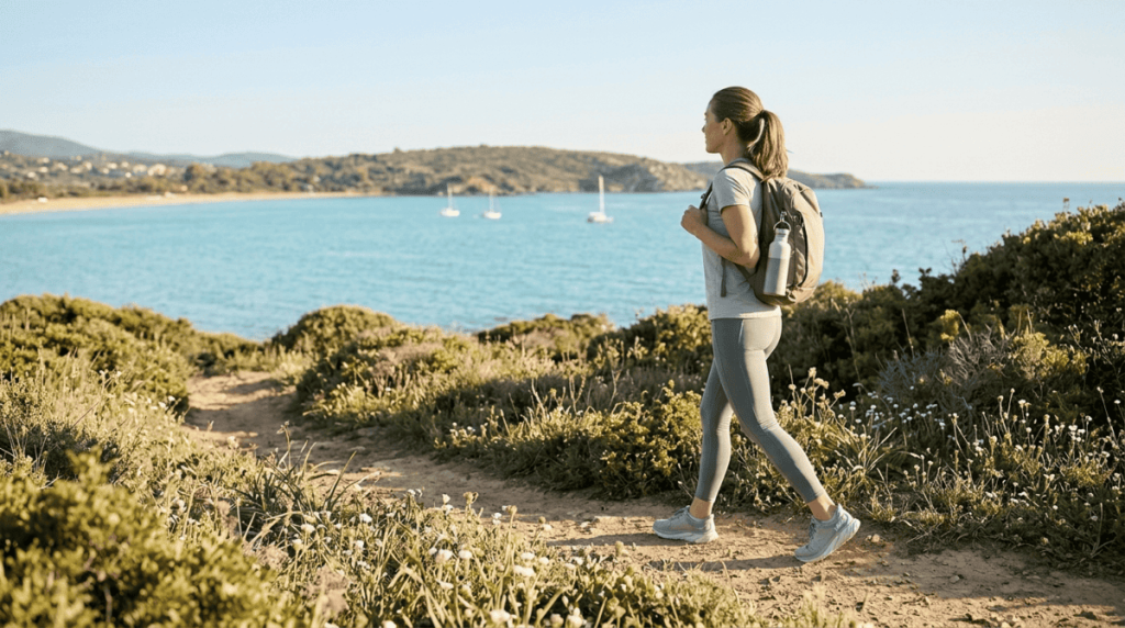 vrouw die in de natuur aan de kust aan het wandelen is