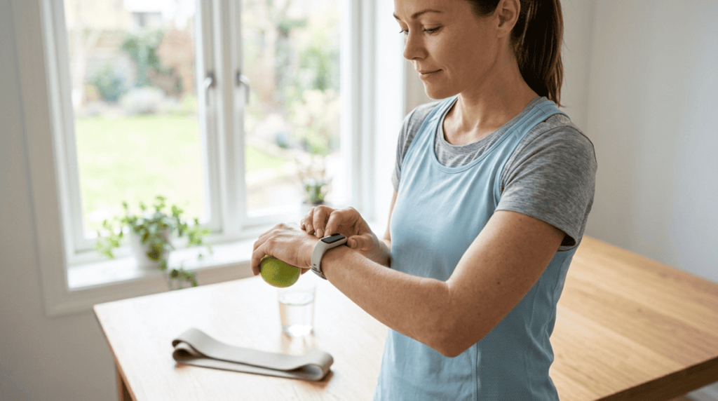 vrouw met appel en smartwatch