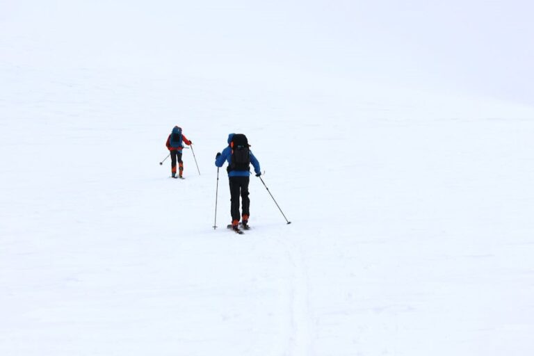 Twee mensen langlaufen door een uitgestrekt besneeuwd landschap, elk met rugzak en skistokken voor balans
