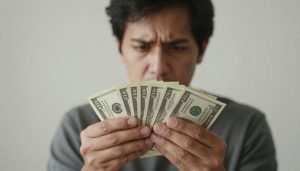 man telt dollars in twee handen aan tafel