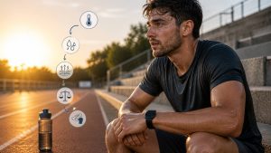 Man rust uit na training met zichtbaar zweten tijdens inspanning en focus op lichaamstemperatuur en hydratatie