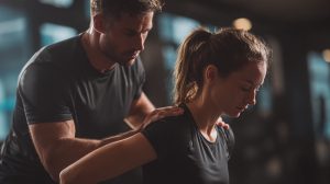 Specialist onderzoekt schouder en houding van een sporter met terugkerende sportklachten.