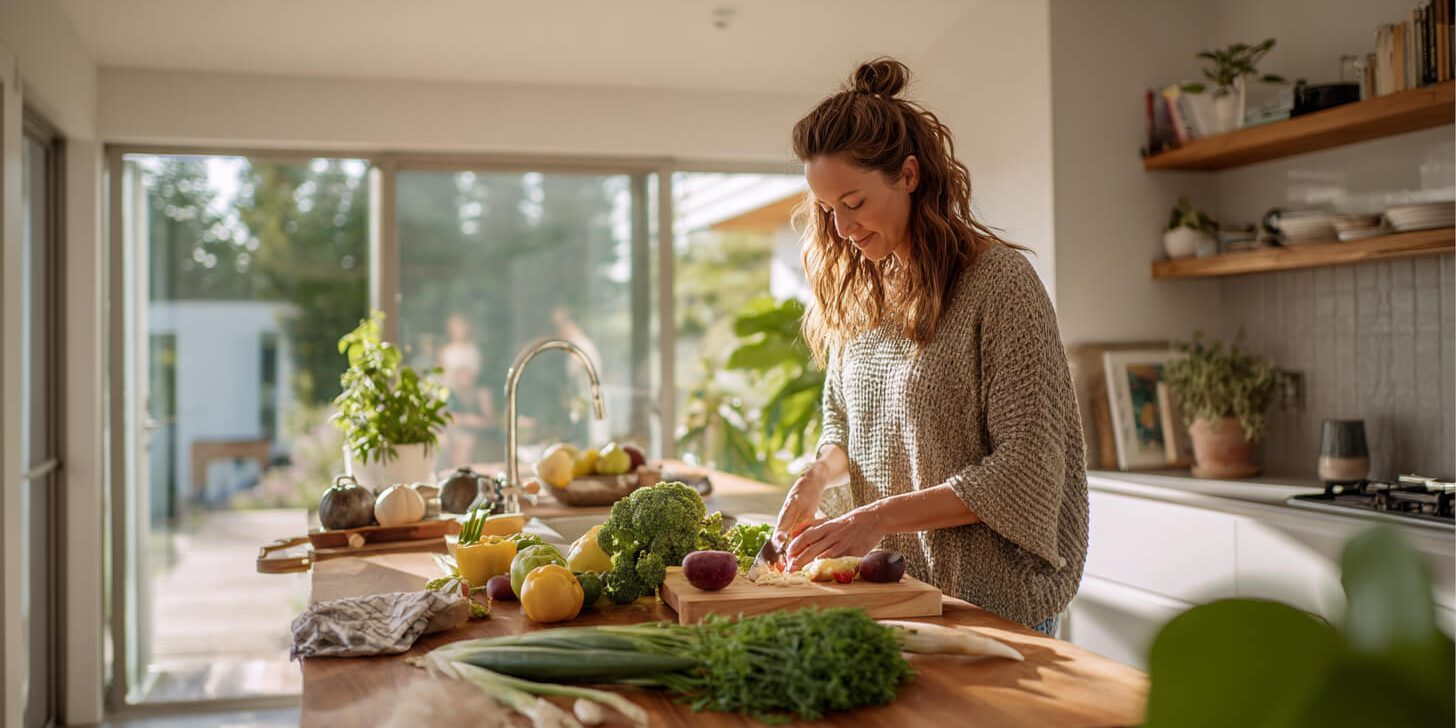 Gezonde maaltijdvoorbereiding in een praktische keuken met overzichtelijke keukenindeling.