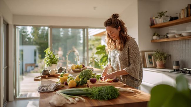 Gezonde maaltijdvoorbereiding in een praktische keuken met overzichtelijke keukenindeling.