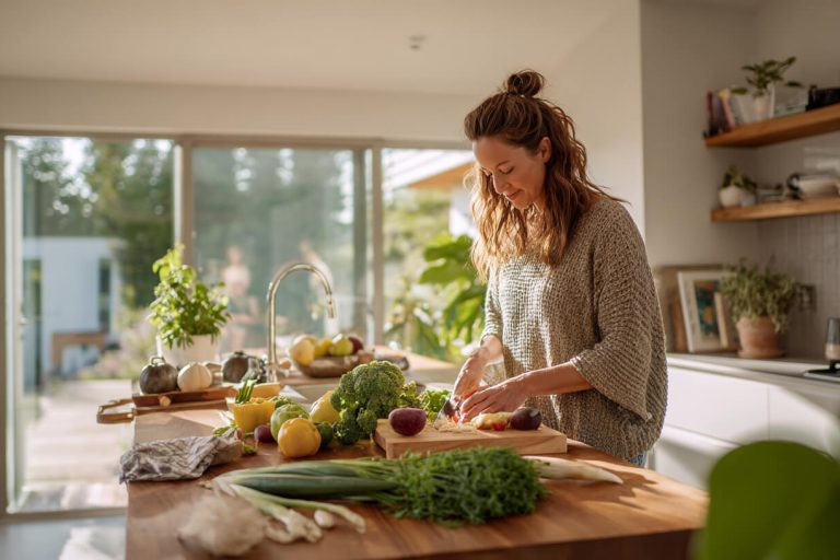 Gezonde maaltijdvoorbereiding in een praktische keuken met overzichtelijke keukenindeling.